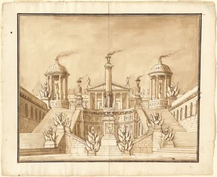 Fantasia de um antigo Capitólio com troféus e grandes escadarias