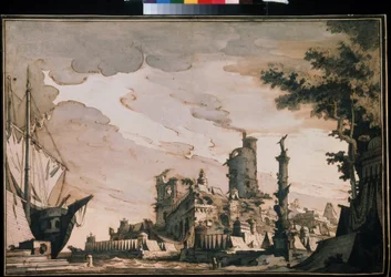 ""Vista de um Porto"" Decoração do Teatro. Aquarela de Pietro di Gottardo Gonzaga (1751-1831) 1818. Aquarela e tinta sobre papel. Moscou, Museu Pushkin