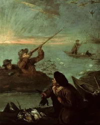 Caçadores atirando em patos