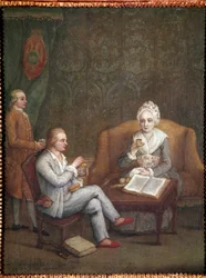 Retrato de Adriana Giustinian com seu filho Gerolamo Ascanio tomando chocolate quente (Adriana Giustinian Barbarigo e seu filho Gerolamo Ascanio tomando uma xícara de chocolate) Pintura de Pietro Longhi (1702-1785) 1779 aproximadamente Dim 58x45 cm Veneza,