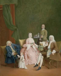 Retrato de uma família veneziana com um criado servindo café Retrato de uma família veneziana com um servo servindo café
