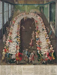 O banquete da Casa Nani, em homenagem ao convidado, Clemente Augusto, arcebispo eleito de Colônia, em 9 de setembro de 1755