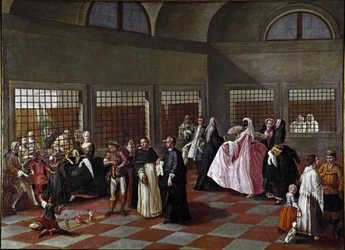 O salão do convento. Pintura do círculo de Pietro Longhi (1702-1785), 1750, dimensões 96 x 131 cm, Ca