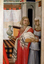 Nascimento da virgem, detalhe das parteiras com o parturiente - Pintura em madeira