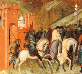 Primeiros eremitas carmelitas na Primavera de Elias, detalhe de predella de retábulo para Carmine, Pietro Lorenzetti (cerca de 1280-1348), tempera e ouro sobre painel de madeira