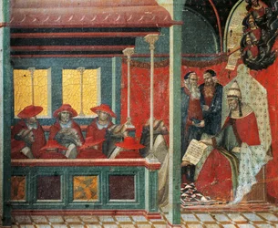 Honório III aprovando a regra de Carmelita, detalhe de predella de retábulo para Carmine, de Pietro Lorenzetti (cerca de 1280-1348), tempera e ouro sobre painel de madeira