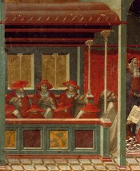 Honório III aprovando a regra de Carmelita, detalhe de predella de retábulo para Carmine de Pietro Lorenzetti (cerca de 1280-1348), tempera e ouro sobre painel de madeira