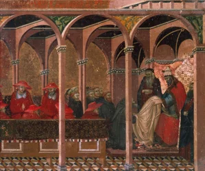 Honório III aprovando a regra de Carmelita, detalhe de predella de retábulo para Carmine de Pietro Lorenzetti (cerca de 1280-1348), tempera e ouro sobre painel de madeira