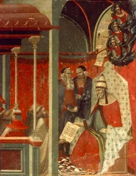 Honório III aprovando a regra Carmelita, detalhe de predella de retábulo para o Carmine, de Pietro Lorenzetti (ca. 1280-1348), tempera e ouro sobre painel de madeira