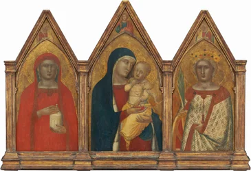 Nossa Senhora e o Menino com Cristo Abençoado, e as Santas Maria Madalena e Catarina de Alexandria com Anjos [tríptico completo], provavelmente 1340 (têmpera sobre painel transferida para tela)