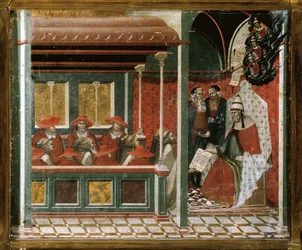 Papa Honório III aprova a regra carmelita, detalhe (tempera e ouro sobre madeira)