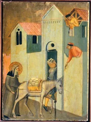O beato vai mendigando os materiais para construir o mosteiro, azulejo do retábulo da Humildade abençoada, de Pietro Lorenzetti (ca. 1280-1348), tempera e ouro sobre painel de madeira.