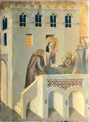 O bendito cura o pé de um monge da abadia de Vallombrosa, azulejo do retábulo da Bendita Humildade, de Pietro Lorenzetti (ca. 1280-1348), tempera e ouro sobre painel de madeira.