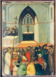 O corpo exumado do beato é encontrado intacto e fresco, azulejo sobre o retábulo da Humildade abençoada, de Pietro Lorenzetti (ca. 1280-1348), tempera e ouro sobre painel de madeira.