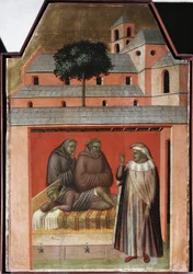 O santo traz tijolos para construir um novo convento em Florença (detalhe da vida políptica de Santa Humildade) - Detrempe sobre madeira