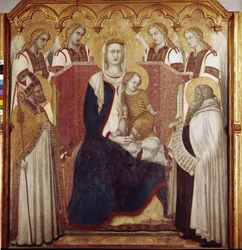 Virgem e Criança entre São Nicolau e São Elias. Painel central, Altarpe de Carmelo (Tempera sobre madeira