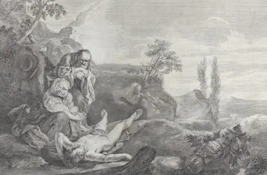 Adão e Eva à esquerda, como um casal de idosos, de luto pelo cadáver de Abel que jaz i..., 1743-63.