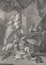 Jael martelando uma estaca de tenda no templo de Sísera adormecido, à direita a se..., ca. 1730-39.