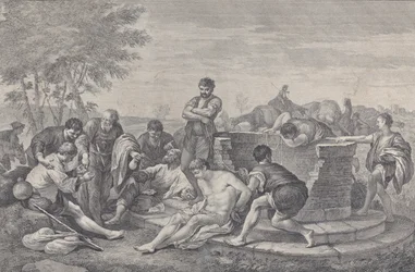José sendo vendido como escravo por seus irmãos, que se sentam ao redor de um poço dividindo o c..., 1730-39.