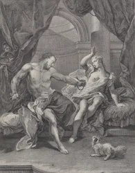 Sansão e Dalila sentados em uma cama, Sansão rasgando as cordas que prendiam sua mão..., c. 1730-39.