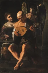 Um homem idoso a tocar guitarra com a presença de uma mulher e de um putto (óleo sobre tela)