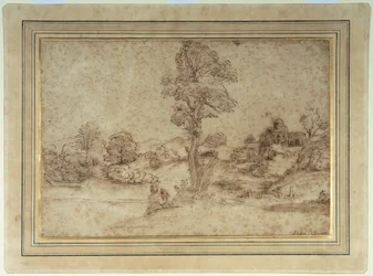 Paisagem com lago e edifícios, mãe e filho sentados junto a uma árvore (caneta e tinta castanha sobre papel)