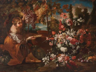 Uma rapariga entre flores e frutos