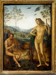 Apolo e Marsyas "Marsyas tocando flauta diante de Apolo, rei da lira, por desafio". Pintura de Pietro Vannucci dit Il Perugino (Le Perugin) (1450-1523) Sol. 0,39x0,29 m
