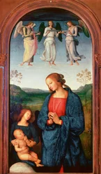 Políptico da Chartreuse de Pavia: "Madonna has the Child and three angels" Pintura de Pietro Vannucci dit il Perugino (O Perugin