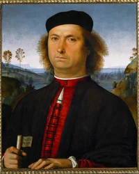 Retrato de Francesco delle Operere. Ele segura um pergaminho com a expressão "Timete deum" (Teme a Deus).