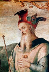 A estratégia grega e o estadista Péricles (495-429 AC) Detalhe do fresco "Força e temperança com seis heróis antigos" de Pietro Vannucci dit il Perugino (O Perugin