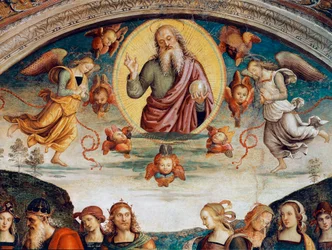 O Senhor rodeia com profecias e detalhes de sibilos representando o Senhor Todo-Poderoso. Fresco por Pietro Vannucci dit il Perugino (Perugin) (1448-1523) 1500 Dim. 229x370 cm Perugia, Collegio del Cambio