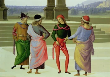 O Casamento da Virgem, detalhe de quatro homens em conversa, 1500-04 óleo sobre tela detalhe de 53750
