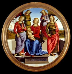 A Virgem e o Menino rodeados por dois anjos, Santa Rosa e Santa Catarina. Pintura de Pietro Vannucci, dito il Perugino, 1600