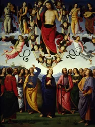 A ascensão de Cristo Jesus Cristo é representada em uma mandorla. Detalhe. Quadro de Pietro Vannucci dit Il Perugino