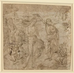 a) O Batismo de Cristo; b) Figura drapeada segurando um livro e homem empunhando um machado com uma figura, c.1475 (caneta e tinta castanha)