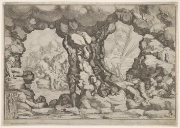Um gigante levantando uma pedra no centro, outros gigantes para a esquerda e direita lutando e rec ..., ca. 1680
