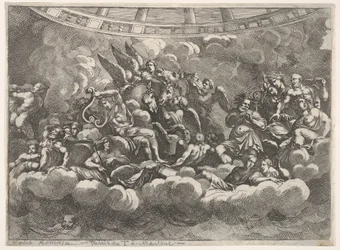 Encontro de vários deuses olímpicos e figuras mitológicas entre nuvens, Apolo na ce ..., ca. 1680