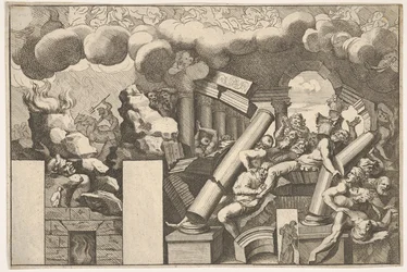 Gigantes esmagados por pedras e as colunas que caem do templo, nuvens de fumaça acima ..., ca. 1680