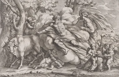 Io à esquerda como uma vaca, Júpiter em uma nuvem no centro e Juno à direita com pu..., 1650-90.