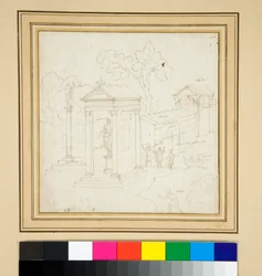 Pintura paisagística com arquitetura (caneta e tinta)