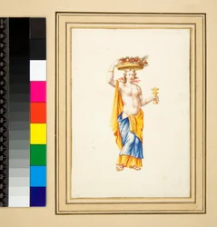 Grande desenho de uma parede com pinturas. (giz preto, alguns com caneta e tinta castanha. cor com aguarela)