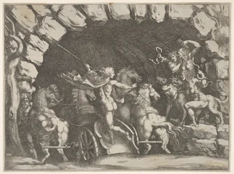 Plutão, visto por trás, entrando no Underwold em sua cadeira, Cereberus e três Fu ..., ca. 1680