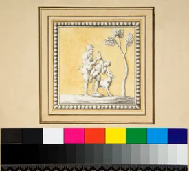 Três painéis de prata da frente de uma arca de madeira (giz preto, alguns com caneta e tinta marrom. cor com aquarela)