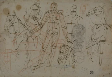 Esboços de homens, cavalos e design decorativo