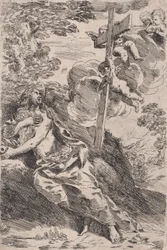 Maria Madalena no deserto, uma cruz carregada por anjos à direita, ca. 1630.