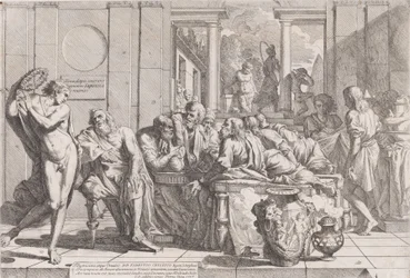 Simpósio de Platão: Sócrates e seus companheiros sentados ao redor de uma mesa discutindo o amor ideal..., 1648.