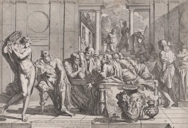 Simpósio de Platão: Sócrates e seus companheiros sentados ao redor de uma mesa discutindo o amor ideal..., 1648.