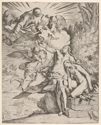Sacrifício de Isaque: um anjo pressiona contra o braço com adaga de Abraão, que ..., ca.1645-50.