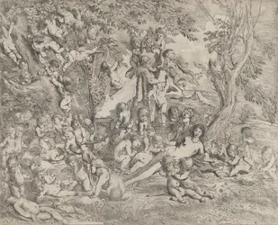 O Jardim de Vênus que se reclina no centro diante de uma ermida de Pã e cercado ..., ca. 1631-37.